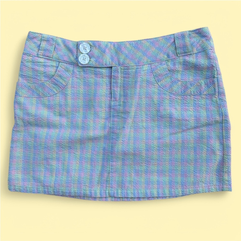 Vintage Soundgirl Mini Skirt, EUC, juniors size L, seersucker multicolor pastels